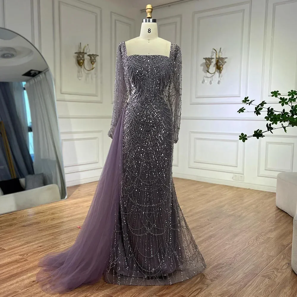 Serene Hill 2025 Arabic Purple Muslim Mermaid Beaded Evening Dresses Overskirt Formal Occasions Party Gowns GLA72032F Customized