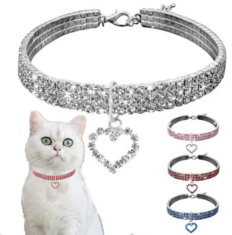 Cat Dog Collar Three Row Elastic Rhinestone Pet Collars Love Decoration Necklace Puppy Kitten Ornament Pets Supplies gift