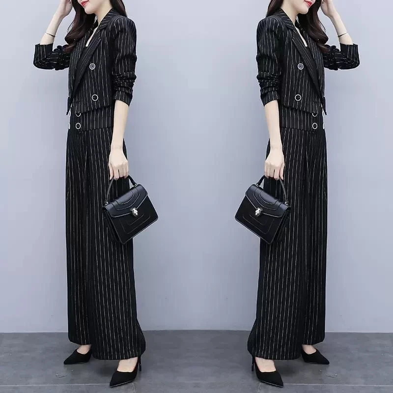 Small Blazers Suit Women\'s Spring New Casual Professional Short Blazer Jacket And Wide Leg Pants Two Piece Set Office Ladies Set