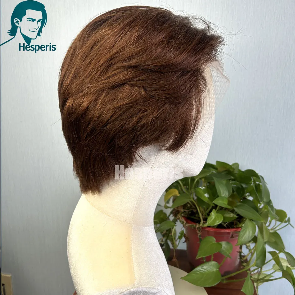 Hesperis بني فاتح شعر الإنسان الرجال الباروكات غلويليس قبل قطعها قصيرة قطع الدانتيل الجبهة الباروكات للذكور 13x6 جزء عميق الفضاء قطع الباروكات