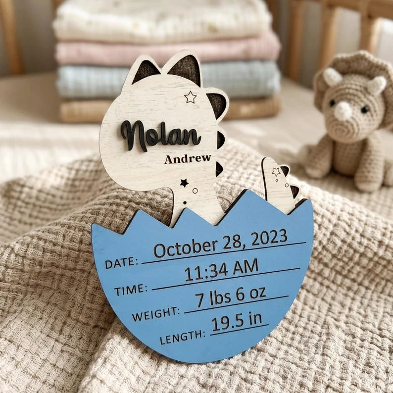 Personalized Dinosaur Egg Wooden Birth Announcement Sign Baby Name Plaque Newborn Photo Prop Boys Nursery Decor Baby Shower Gift