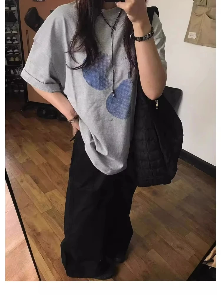 

Blue Fruit Printed T-shirt for Women Pure Cotton Retro Summer Fashion Trend Comfy Couple Short Sleeved Top Harajuku Kawaii