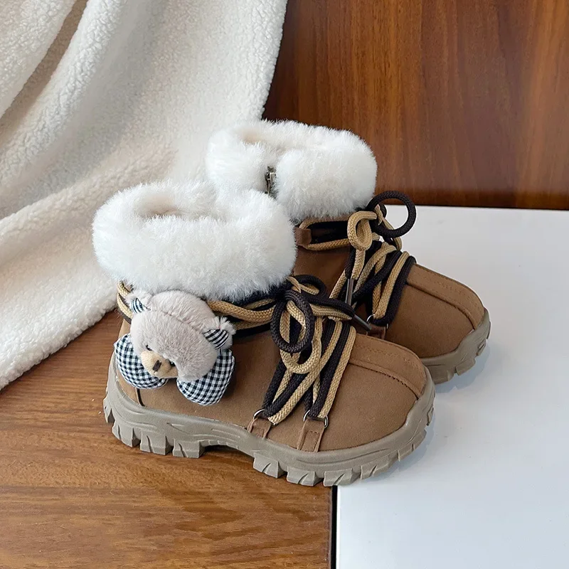 

Kids Fashion Boots Soft Bottom Children Sports Boots with Cute Bears 2025 Winter New Girls Casual Boots with Comfortable Plush