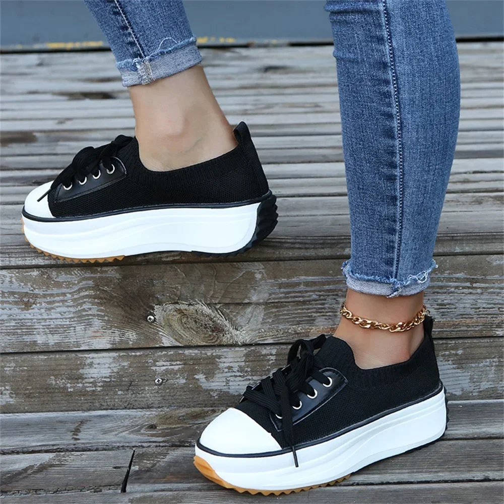 Women's New Sneakers 2022 Spring Stretch Fabric Ladies Lace Up Casual Shoes 35-44 Large-Sized Running Walking Sport Flats