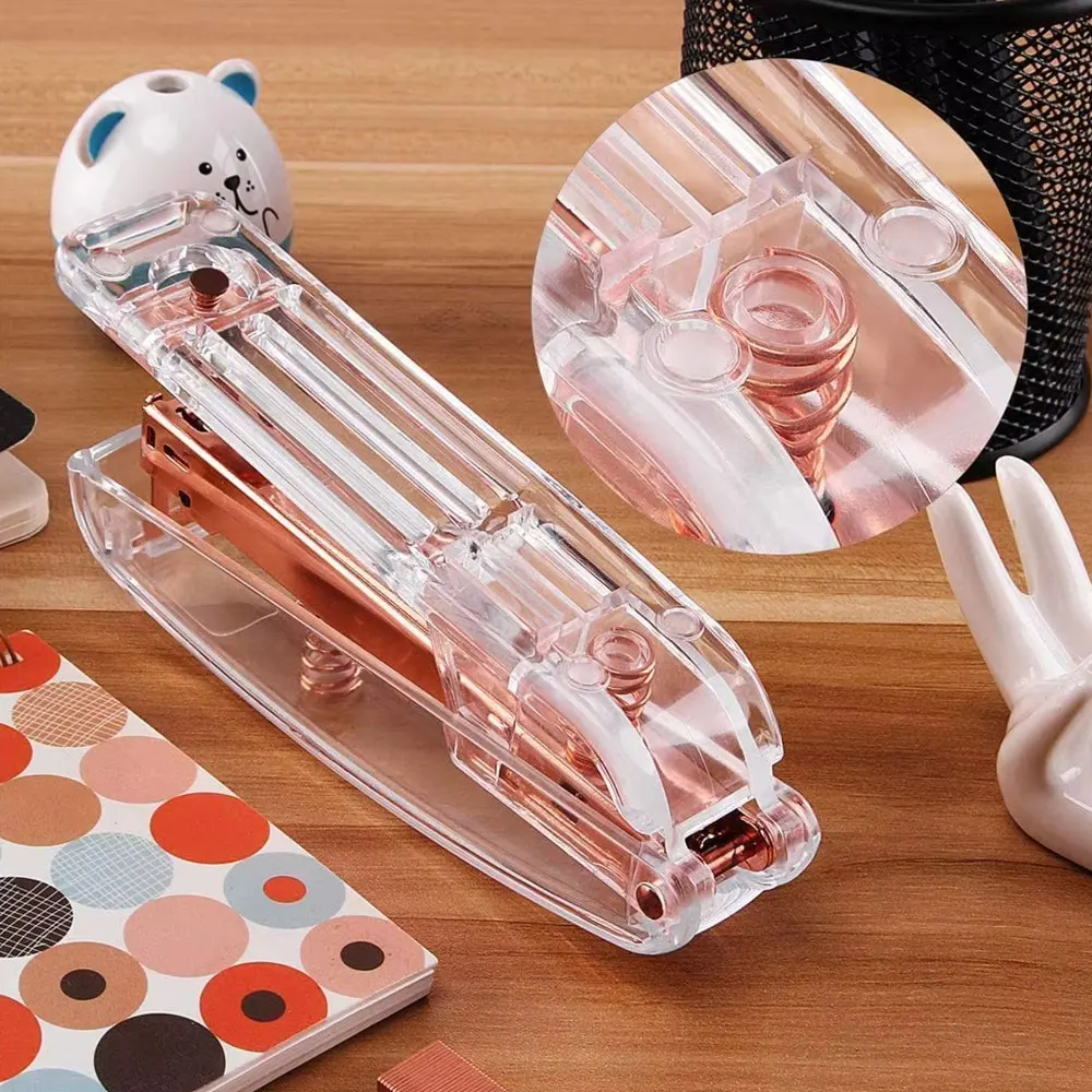 Small Office Stapler,Transparent Spring Powered Desktop Standard Stapler with Free 1000 Pieces Standard Staples - Rose Gold