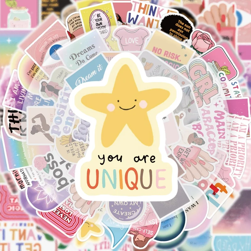 52 naklejki na vision board, żywe naklejki i kalkomanie, wiele stylów bez powtórzeń, odpowiednie na butelki z wodą, laptopy, walizki, deskorolki, gitary, dekoracje na przyjęcia