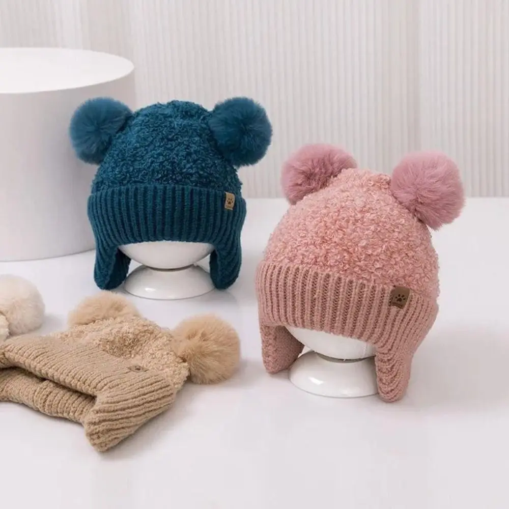 

3-24 Months Double Hairball Baby Hat Knitted Warm Pom Hat Wind-proof Solid Color Knit Cap Autumn