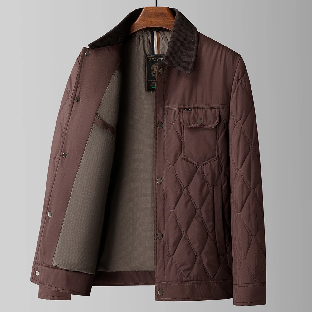 Men Diamond Quilted Padded Jacket Corduroy Turn Collar Silk Blend Warm Coat Standard Fit Autumn Winter Daily Casual Outerwear