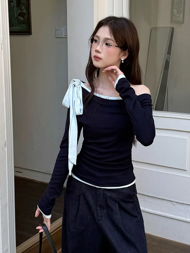 سليم صالح طويل Sve تي شيرت المرأة الخريف جديد Sle فتاة حار تصميم تحسس اللون كوليون حزام Ne Uneven Top Ins