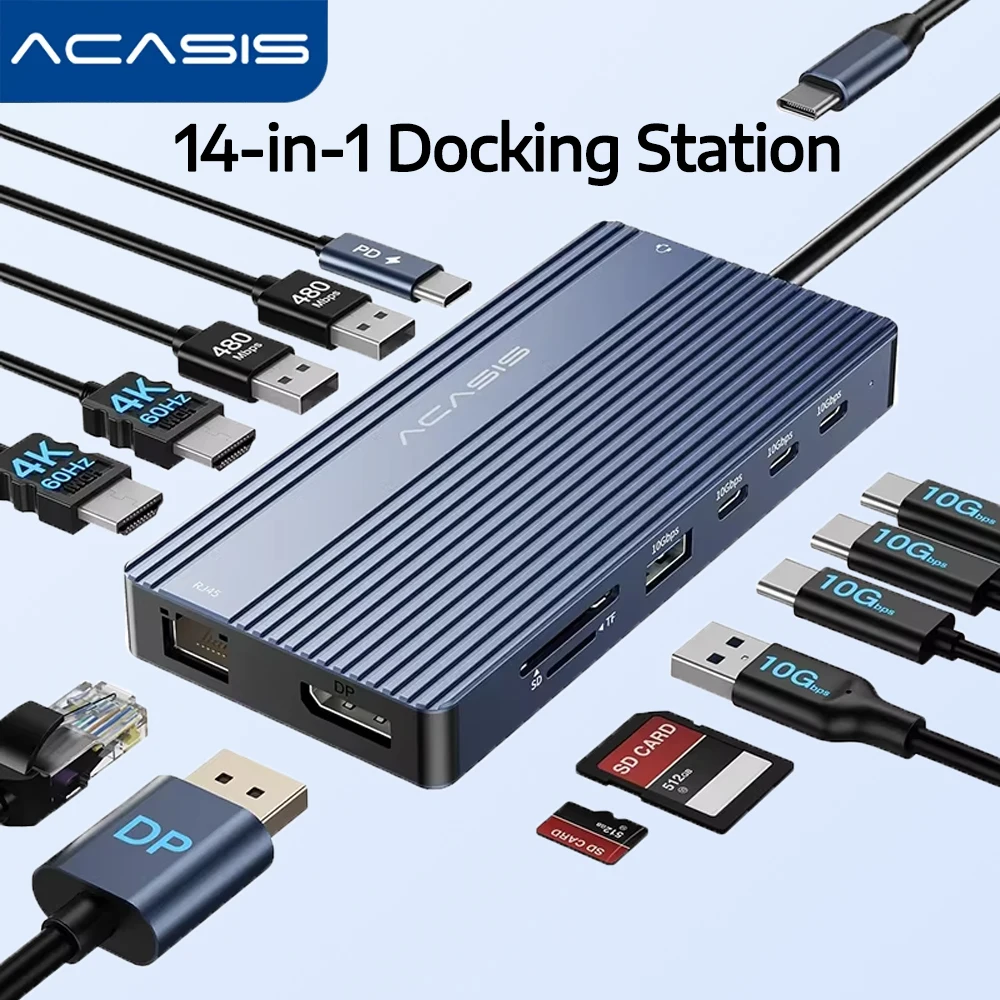 

Acasis 14 in 1 USB-C Docking Station with HDMi 4K 60HZ Resolution RJ45 1000Mbps SD/TF Audio 3.5mm PD100W Input 85W Output for Pc