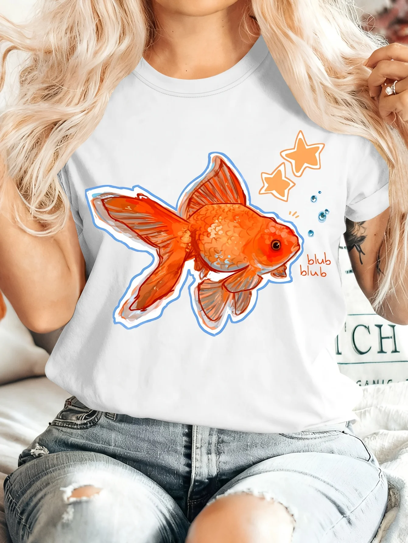 Cartoon Goldfish Star Bubble Womens T Shirt Cute Ocean Fish Animal Graphic Tee Short Sleeve Casual Daily Holiday Ladies Tops