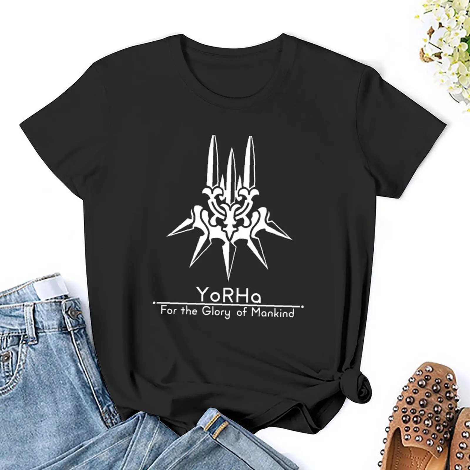 YoRHa + Motto Black Background T-Shirt vintage clothes summer tops graphics korean Women's clothes image 5