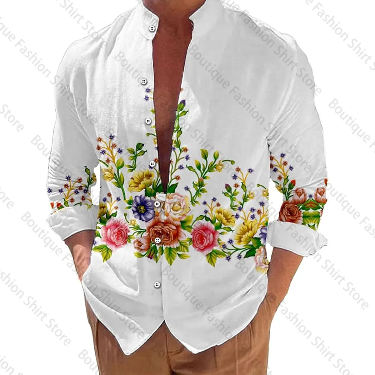 

Men's leisure 3D printed shirt daily wearable weekend spring stage stand -up collar high -quality long -sleeved shirt