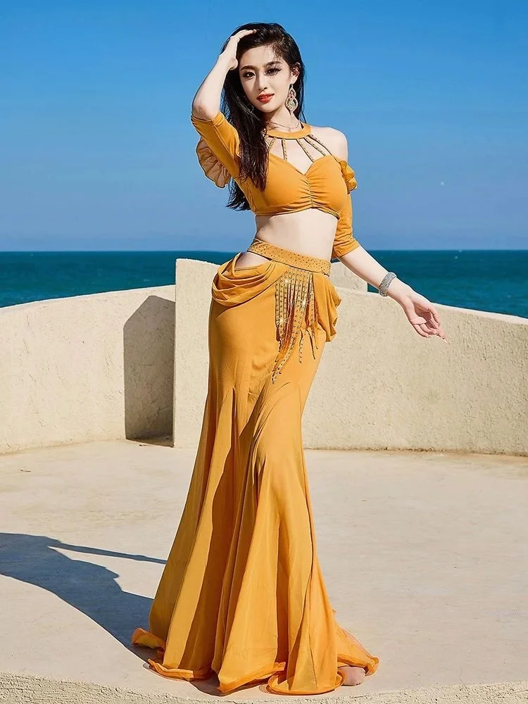 Women Belly Dance Oriental Style Women Group Costume Girls Training Outfit Shimmy Fringes Halter Top Buds Fishtail Long Skirts