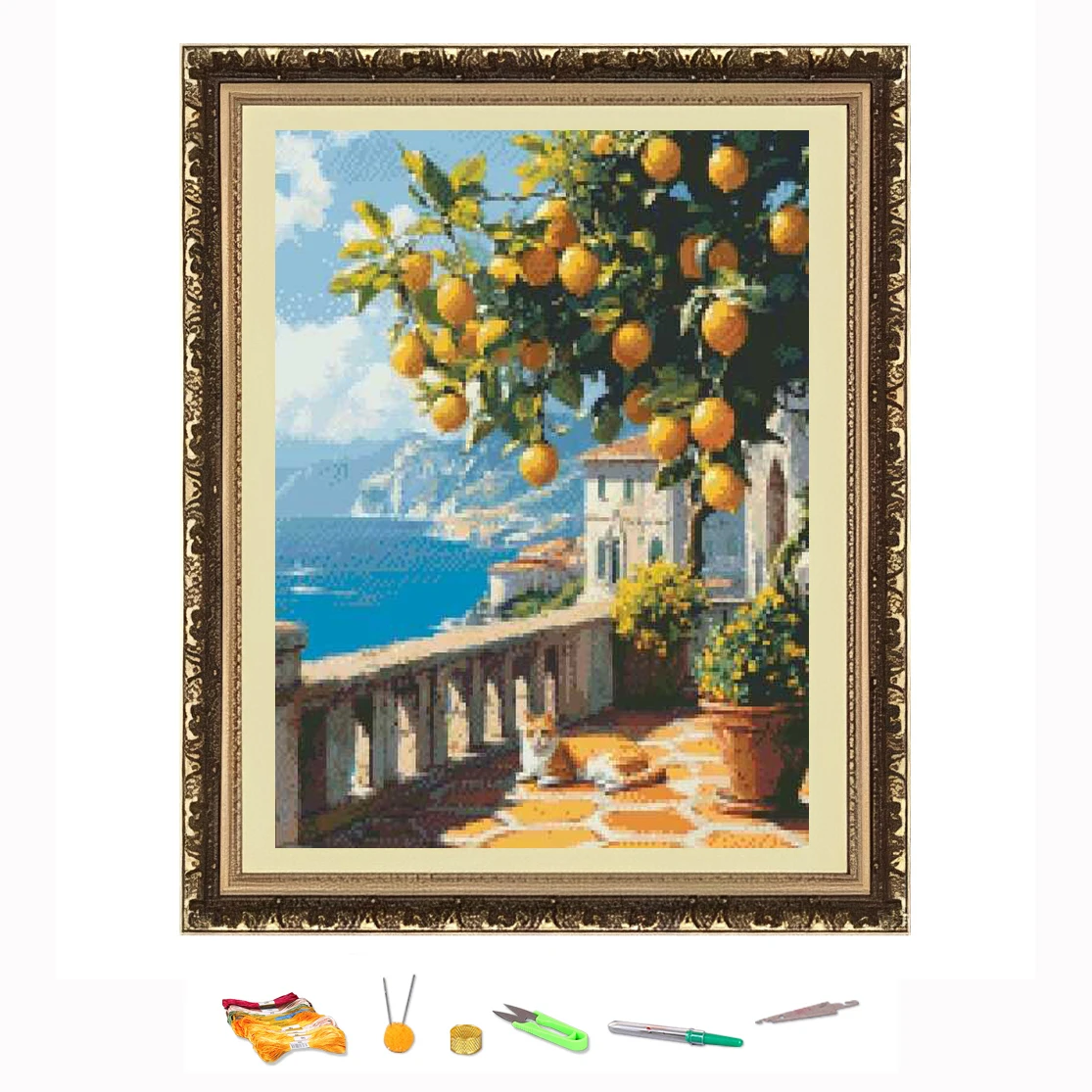 

Cross Stitch Embroidery Kit Cat under the lemon tree Thread Drawing DIY Needlework Kit Decorate Printed on Canvas11CT
