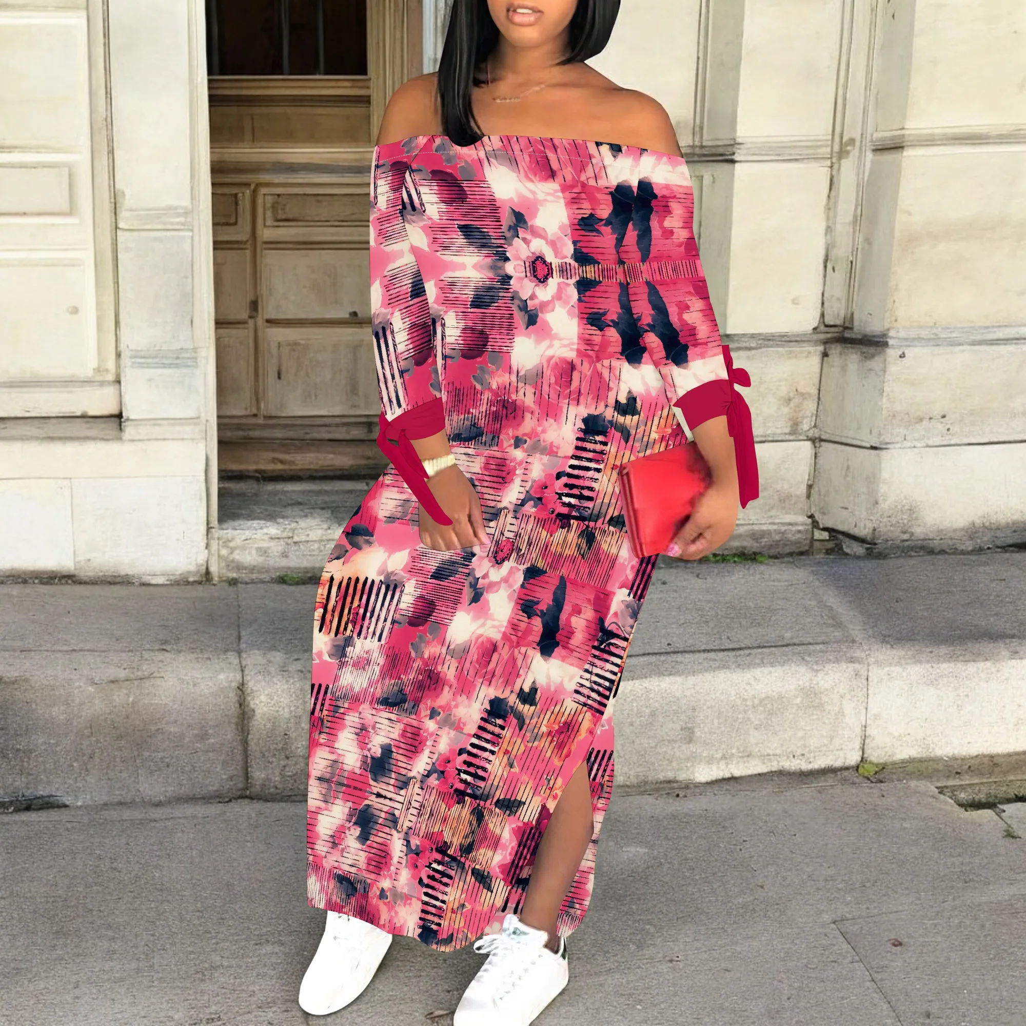 

Women's Floral Off Shoulder Maxi Dress 3/4 Sleeve Multicolor Blue Slit Party Evening