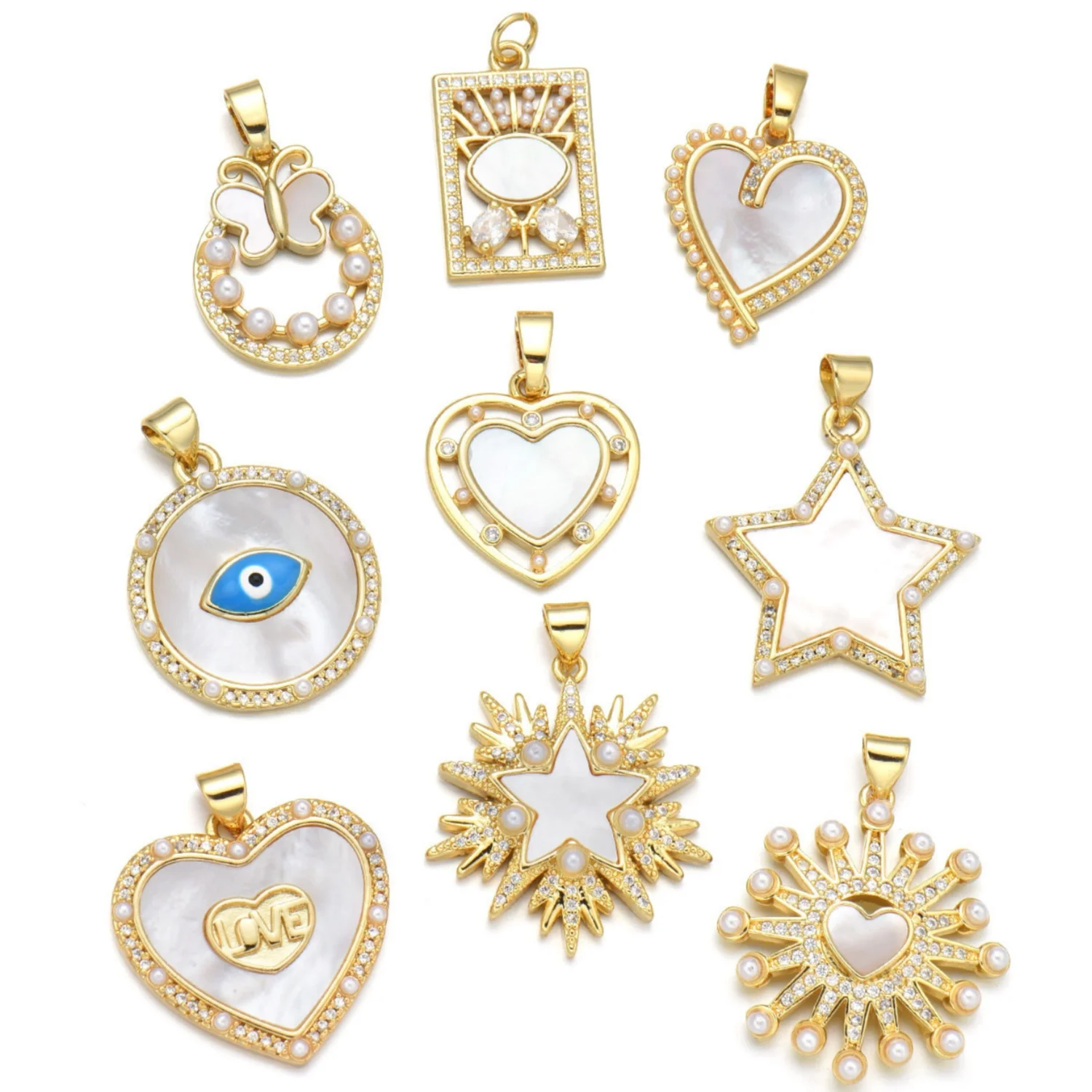 5 Pieces of Shell Copper Gold-plated Love Turkish Eyes Necklace Pendant Accessories DIY Jewelry Making Materials Wholesale