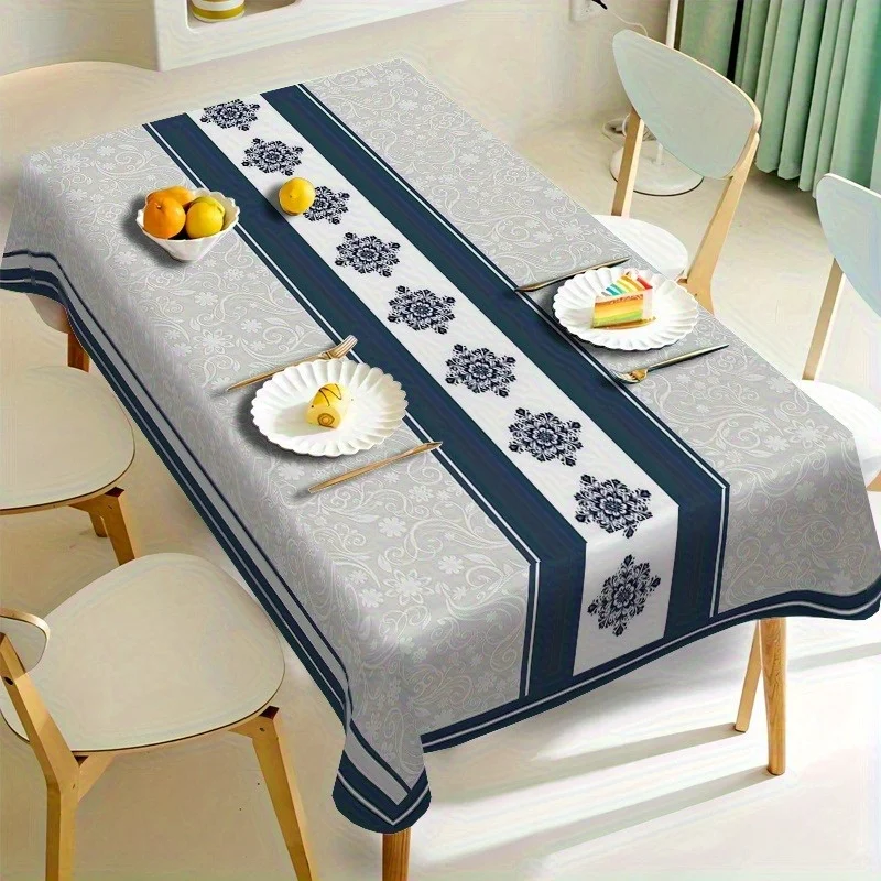 1pc Elegant Floral Pattern Tablecloth - Navy Blue and White Rectangle with Complex Design, Perfect for the Dining Tablezyc