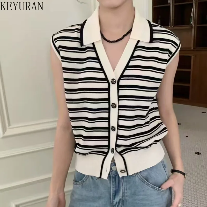 

2025 Summer New Women Knitwear Striped Contrast Color Sleeveless Sweater T-shirt Casual Laple Pullover Knit Tops Ladies Tees