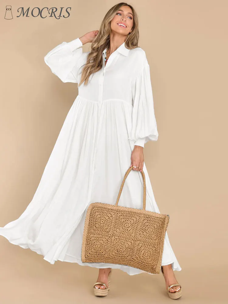 Polyester Plus Size Monochromatic White Linen Dress with Button Elegant Vintage Loose Casual Long Dresses on Offer Liquidation