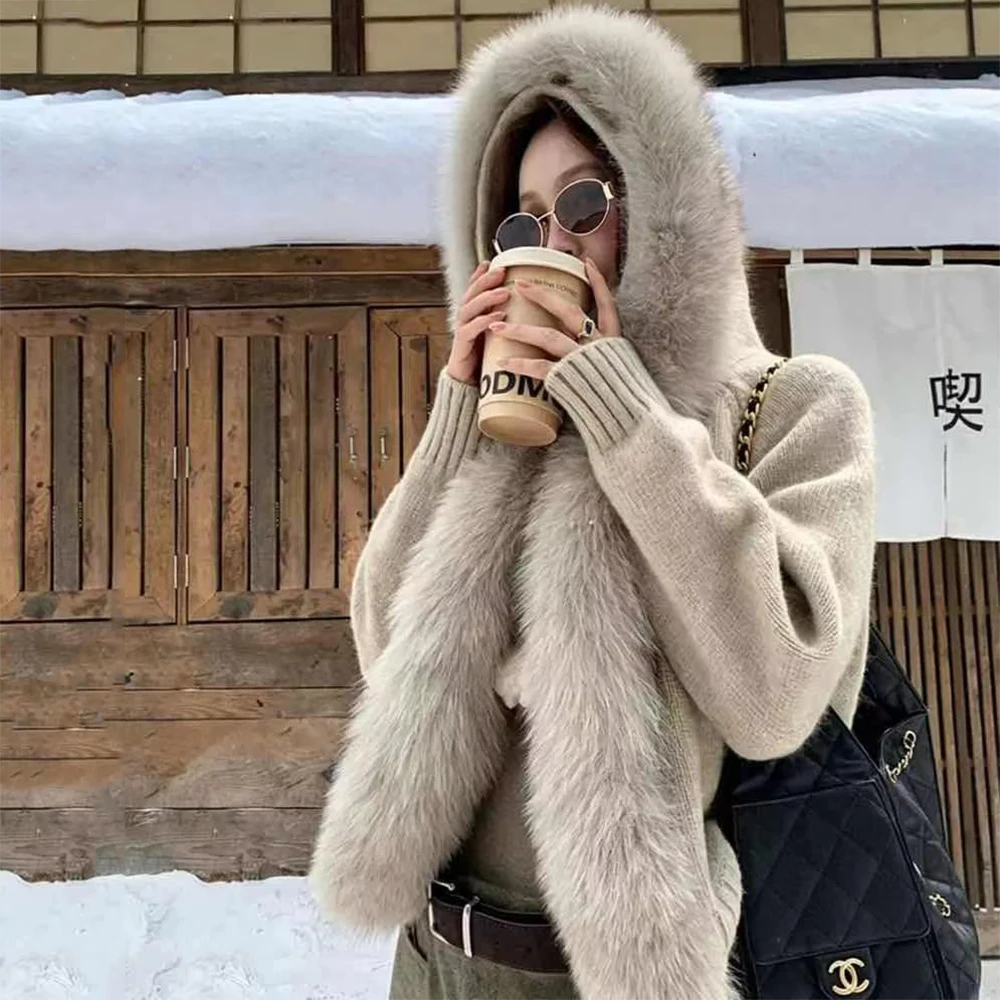 

Jxwatcher Women Sweater with Real Fox Fur Trim Spring Fall Fashion Warm Knit Outerwear Ladies Casual Hooded Cardigan New Arrival