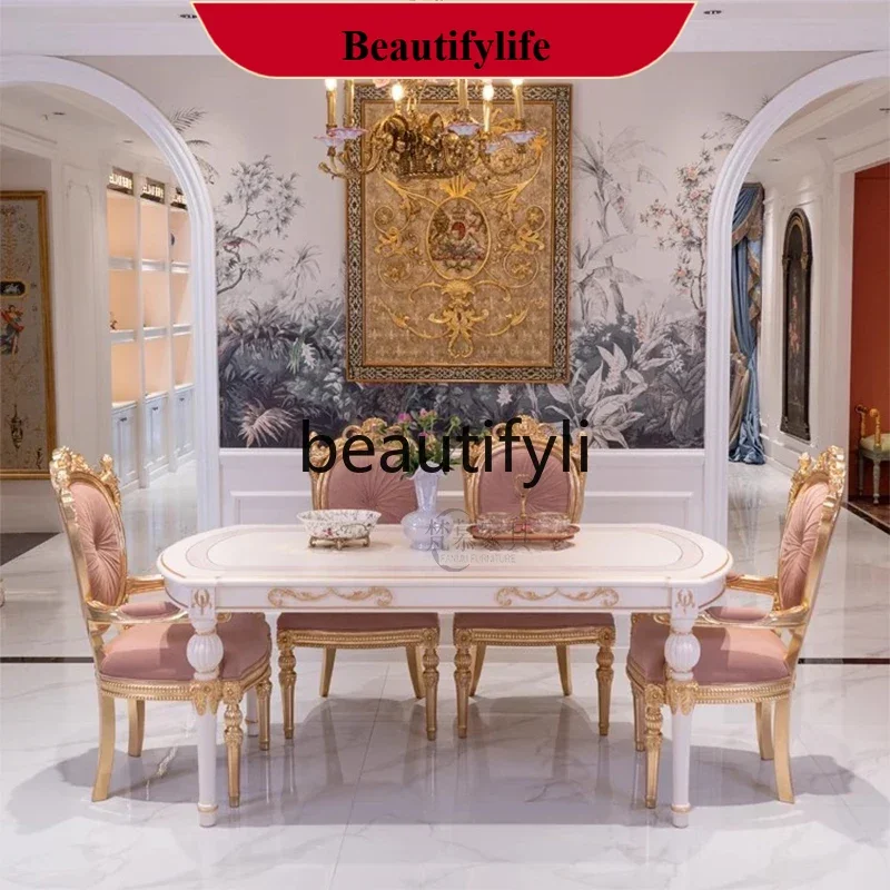 

z183 French court style solid wood dining table and chair combination light luxury oval table six chairs dining table