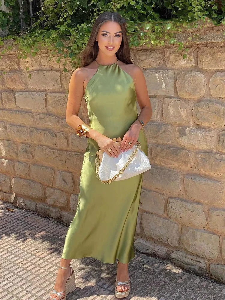 HH 우아한 홀터 백리스 솔리드 새틴 맥시 드레스 여성 패션 캐주얼 드레스 여름 섹시 나이트클럽 파티 드레스 여성용