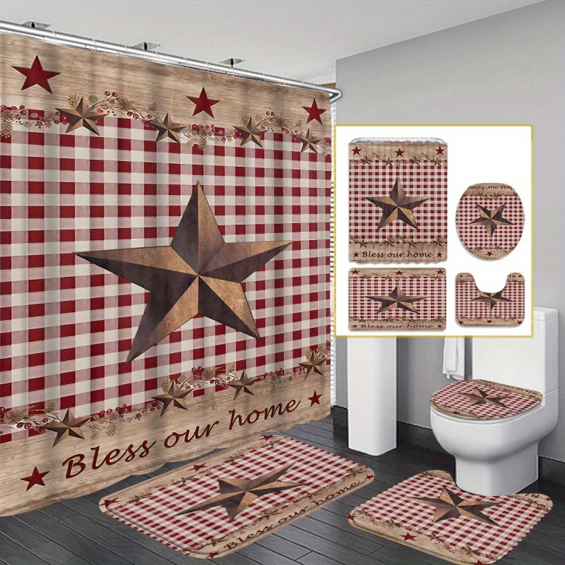 4pcs Red Star Grid Shower Curtain Set with 12 Shower Curtain Hooks, Modern Home Bathroom Decoration, 3-piece Toilet Floor Mat