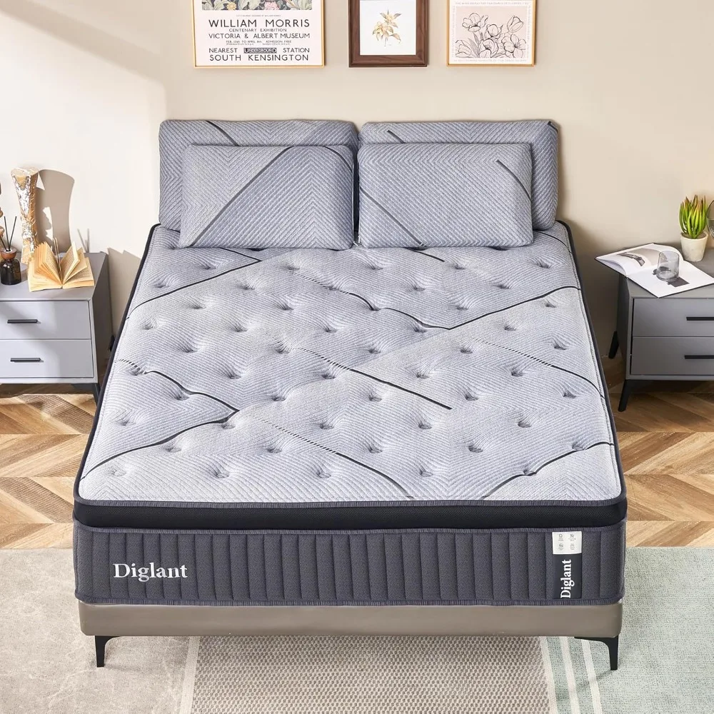 Queen Mattress, 14Inch Gel Memory Foam & 7-Zone Pocket Spring Queen Size Mattress, Medium Plush Hybrid Mattress in Box