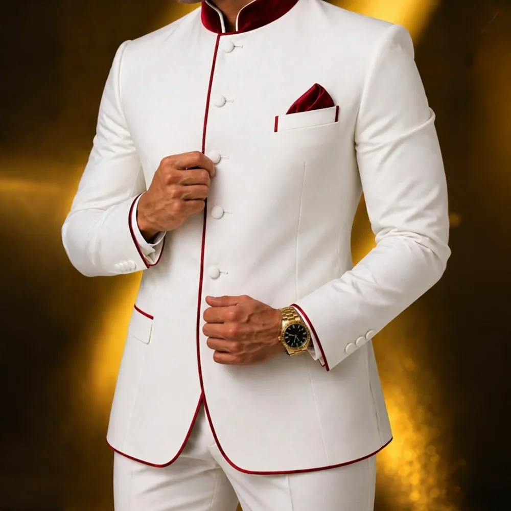 Elegant Men White Mandarin Collar Suit Red Piping Trim 2 Piece Jacket Pants Set Fashion Wedding Formal Groom Attire Prom Outfit