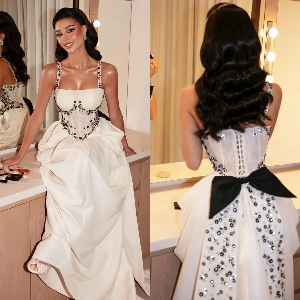 

Customized Intricate Sparkle Jersey Beading Flower Bow A-line Spaghetti strap Long Dresses Bespoke Occasion Dresses High Quality