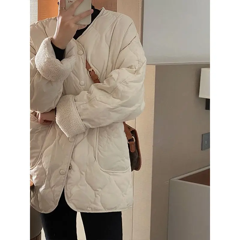 Winter Korean Style V-neck Long Sleeved Solid Color Cotton Women's Clothing Parkas Jacket with Added Plush and Thick Warm Tops