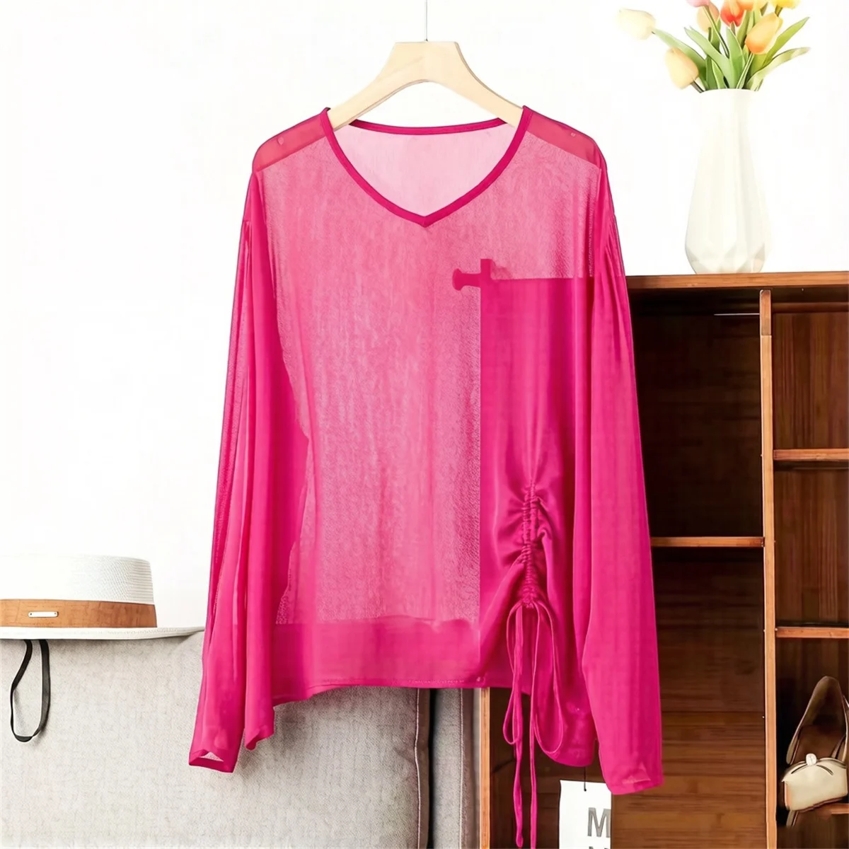 Women's plus Size Chiffon Blouse round Neck Drawstring Sheer Long Sleeve Sexy shirts Loose Casual Vintage Summer Top