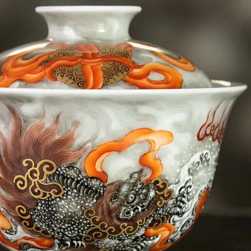 Sacred Mountain Jingdezhen Pastel Alum Red Double Lion Hydrangea Hand-Painted Ceramic Set Brewing Gaiwan Tea Cup
