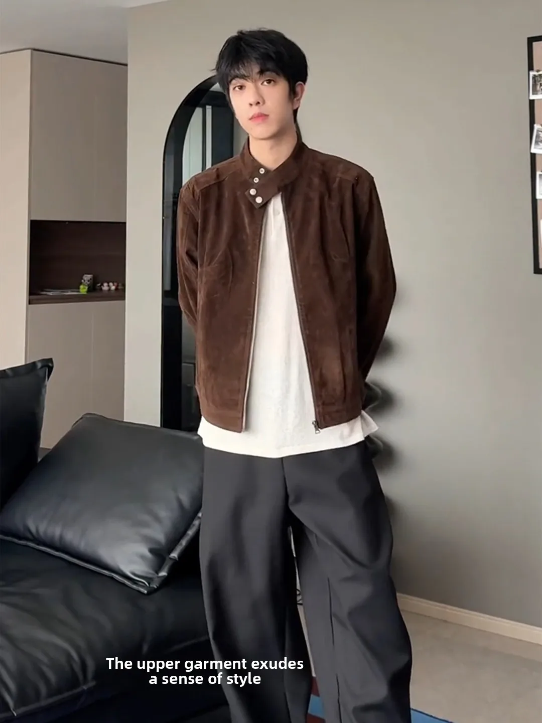 

Коричневая замшевая куртка-бомбер в винтажном американском стиле для мужчин, с воротником-стойкой, для мотоциклистов, осенняя модная верхняя одежда...