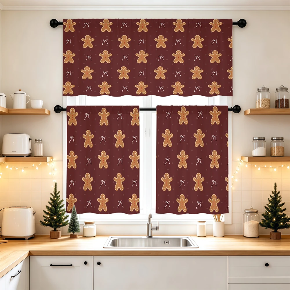 Christmas Kitchen Curtains, Gingerbread Man Pattern, Digital Print, Kitchen Dining Room, Rod Pocket Polyester, Home Decor