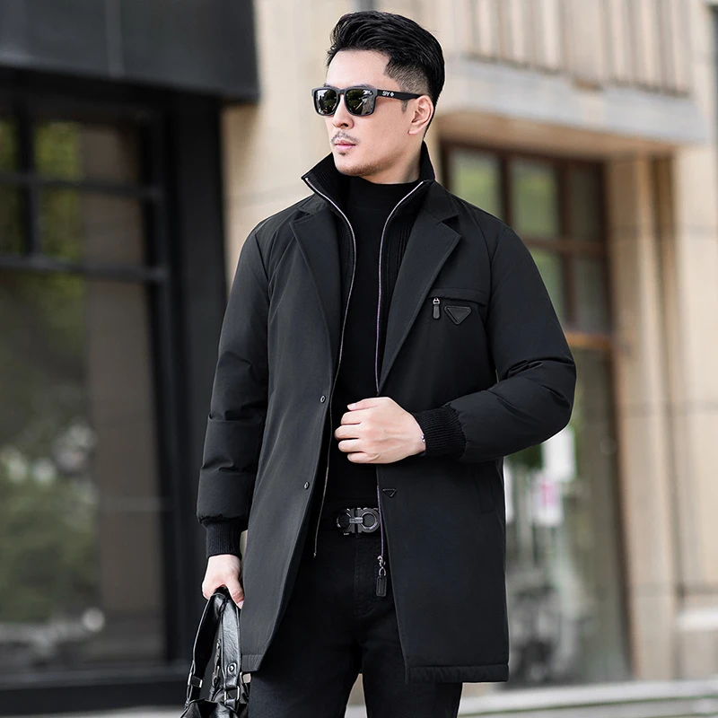 

2025 Winter New Men's Medium to Long Down Jacket Detachable Fake Two Piece Knitted Suit Collar Quality Light Luxury Down Jacket