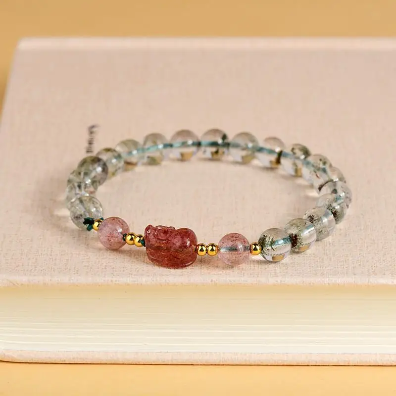 7mm Natural Green Phantom Crystal Strawberry Quartz Pixiu Handstring Bracelet Chinese Style Lucky Wealth Blessing Chic Women