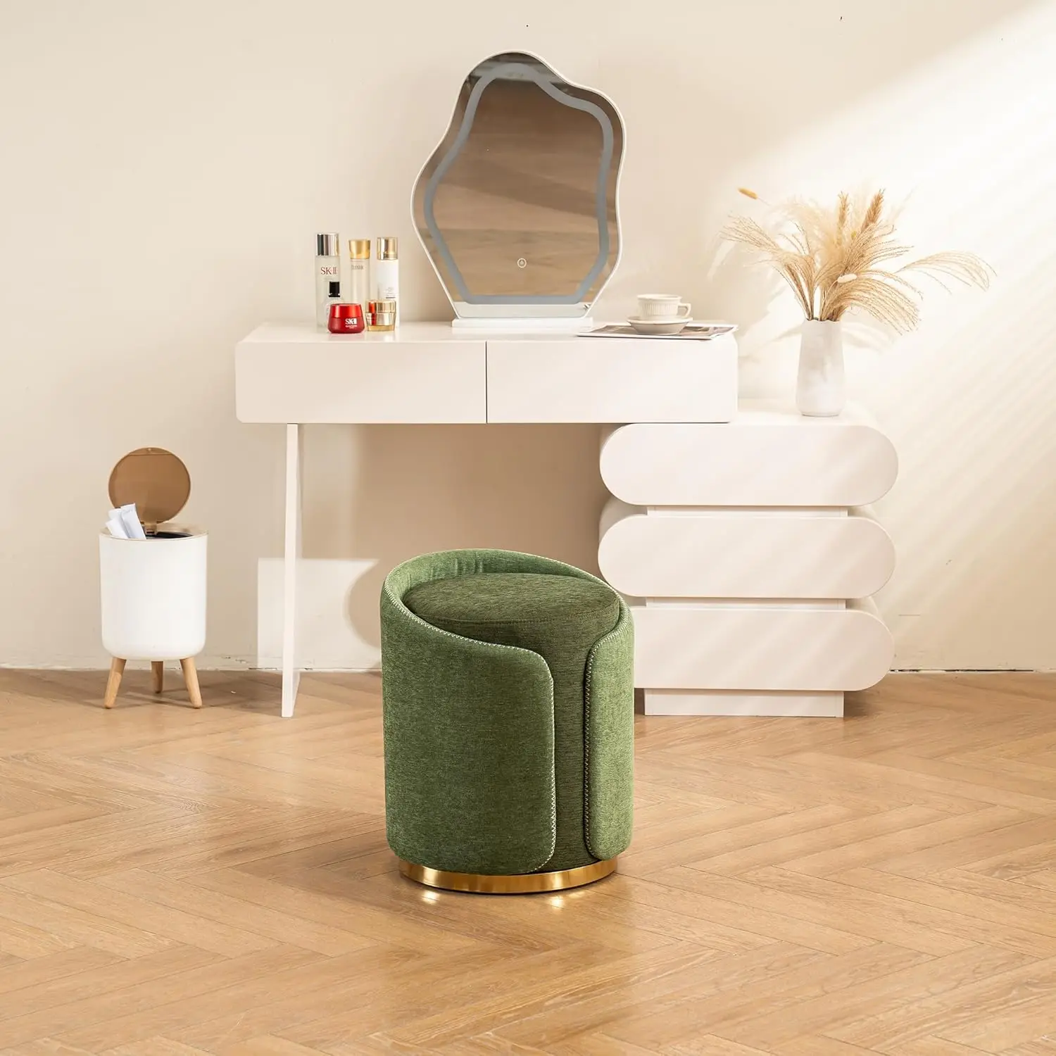 

Swivel Vanity Stool With Gold Base Comfy Vanity Chair Modern Round Stool For Makeup Vanity Ottoman Foot Rest For Bedroom