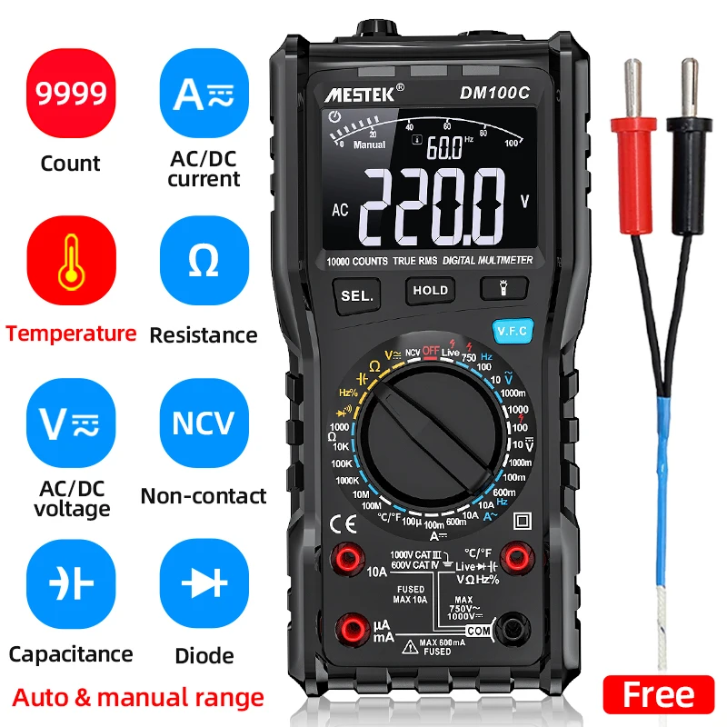 MESTEK Professional Digital Multimeter Auto Manual AC/DC Votage Tester Ohm Current Ammeter Test Probe Professional Detector Tool