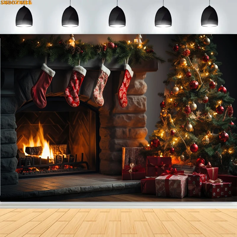 

Christmas Day Wreath Family New Year Party Photography Backdrops Prop Window Living Room Xmas Tree Gift Snow Background BV-28