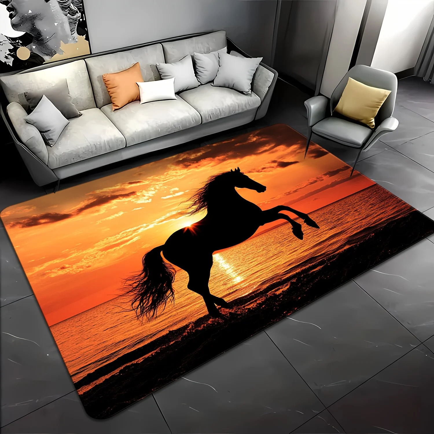 Bohemian Horse Sunset Beach Rug Indoor Outdoor Hallway Runner Area Mat Equestrian Silhouette Decor Art Gift for Living Room