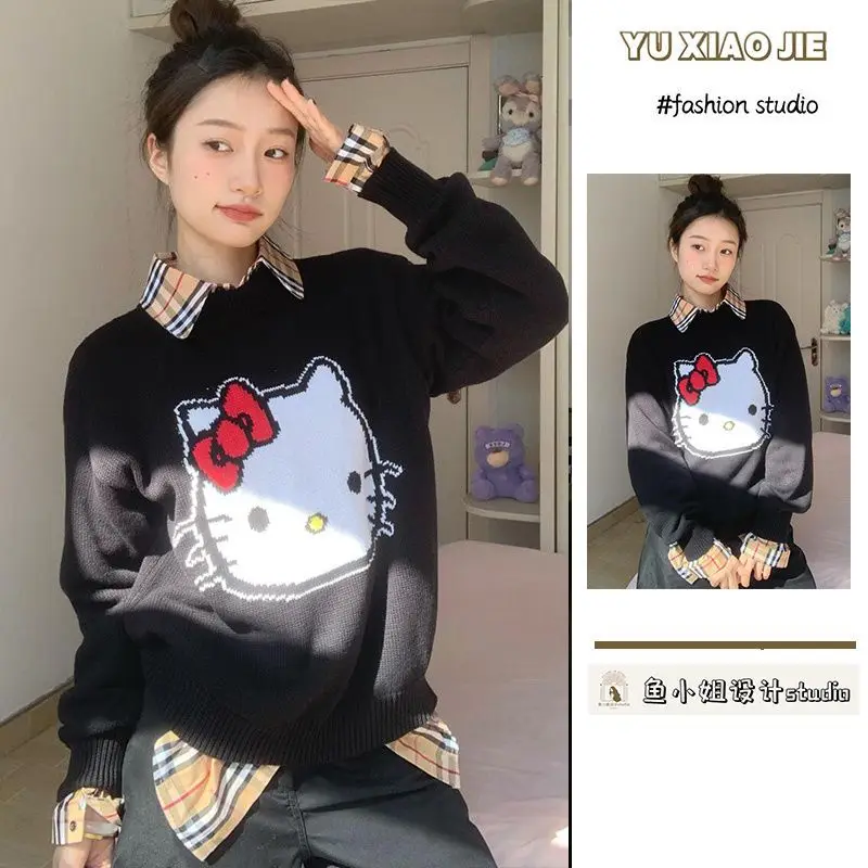 Hello kitty Sweaters And Shirts Cartoon Pullover Female Students Autumn Winter Plaid Shirt Two-piece Set For Women Girls Student