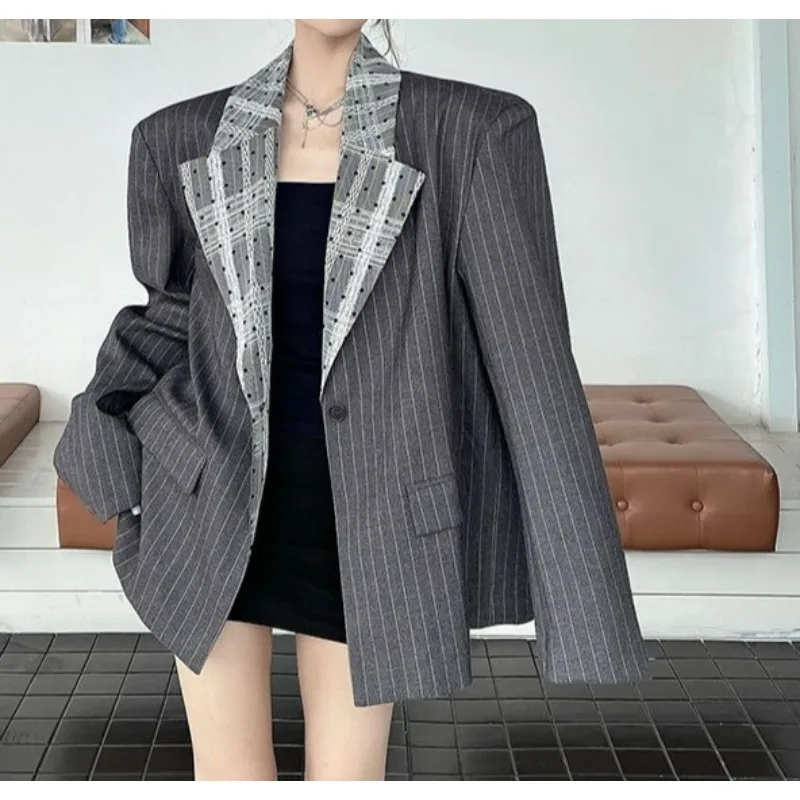 

Пиджак в клетку с широкими плечами и кружевным флокированным композитным воротником, весна и осень, свободный и утягивающий широкий пиджак