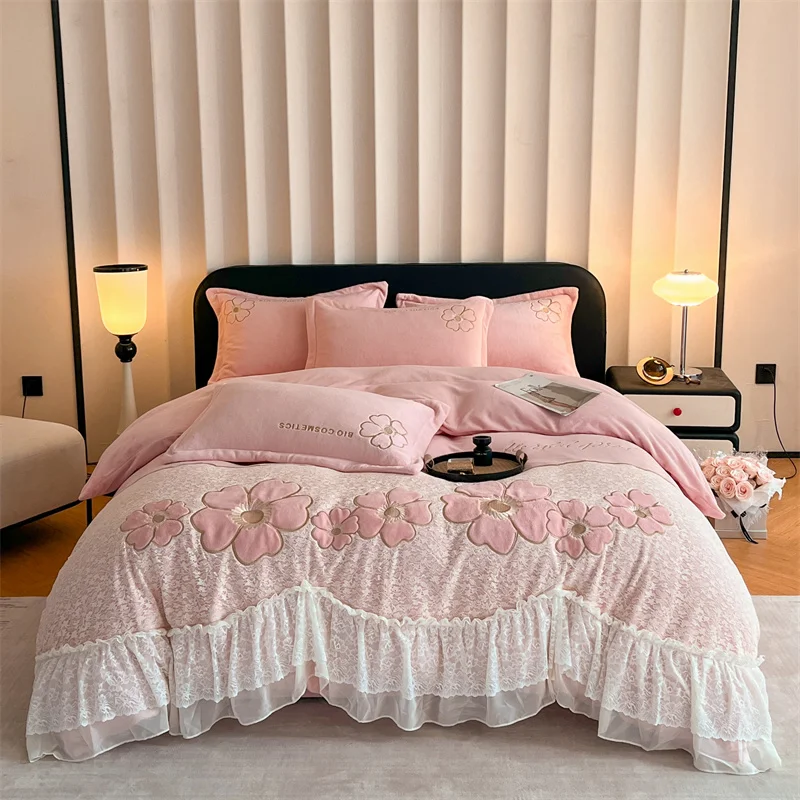 Pink Flowers Lace Embroidery Winter Warmth Flannel Fleece Bedding Set Duvet Cover Linen Fitted Sheet Pillowcases Home Textile