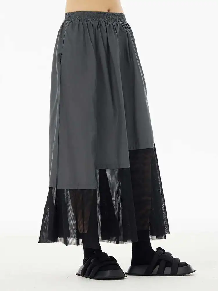 High Elastic Waist Gray Pocket Mesh Color-block A-line Half-body Skirt Women Fashion Tide New Spring Autumn