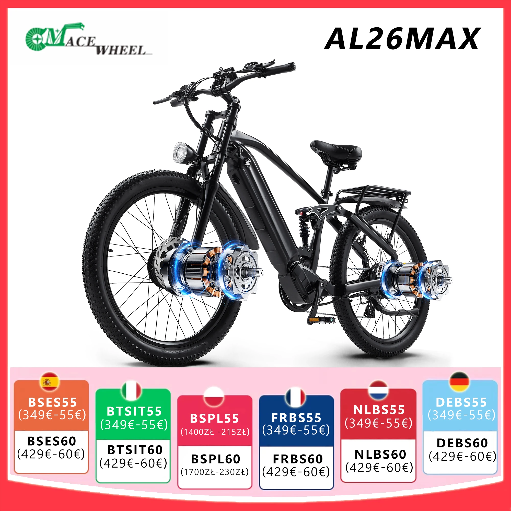 Peak 2000W Bicicletta elettrica a doppio motore 26*3.0 Fat Tire E Mountainbike 48V 17AH Batteria EBIKE, 7 velocità, ebike a sospensione completa