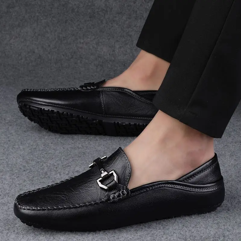 Flat Black Moccasin Square Toe Men\'s Leather Shoes Dress Business Formal Male Casual Shoe Loafers Soft Elegant Designer New In