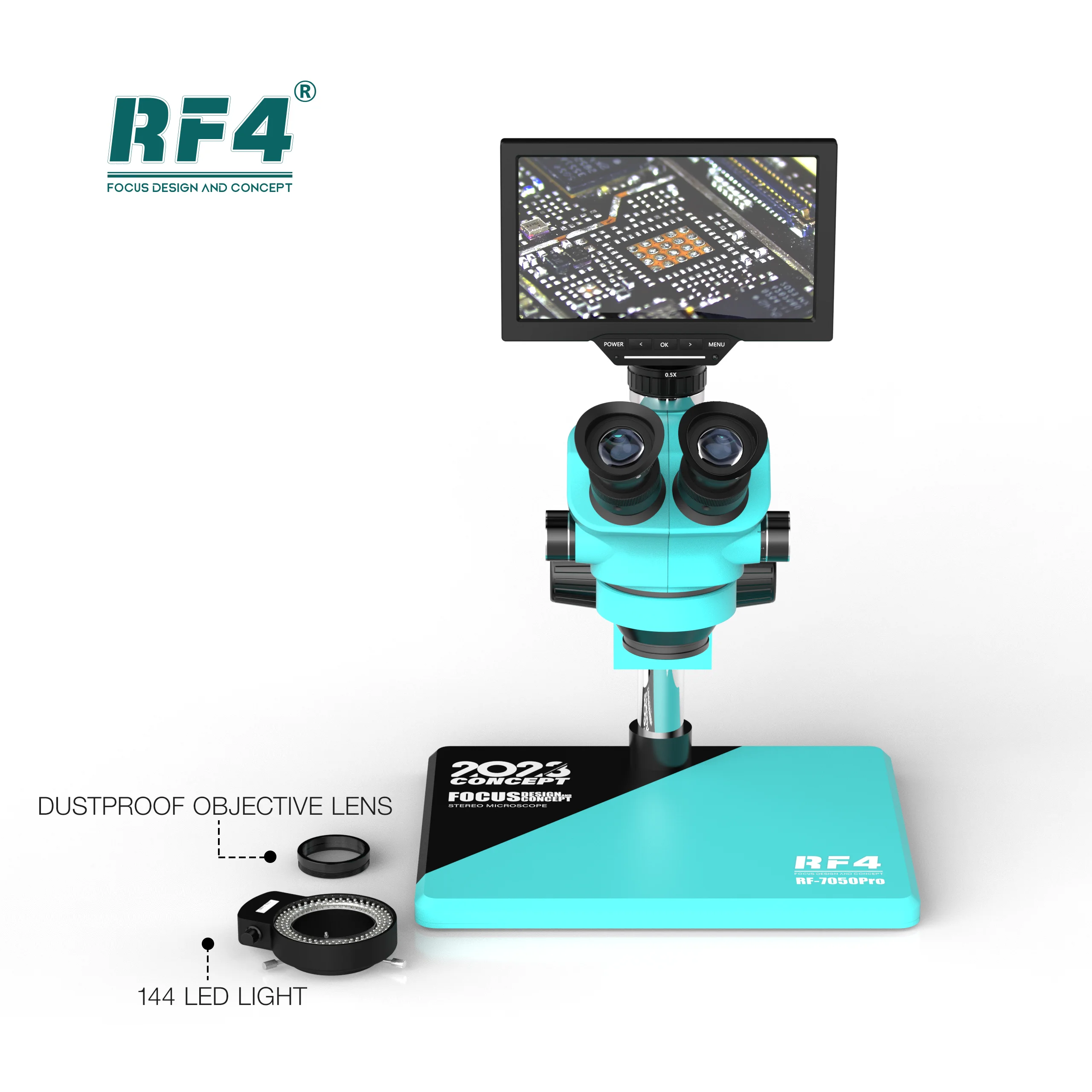 RF4 najnowsza aktualizacja mikroskopu RF7050PRO-YS010W 16MP HDMI 10-calowy duży ekran Zoom z trzema obiektywami precyzyjny lupa wideo blokady