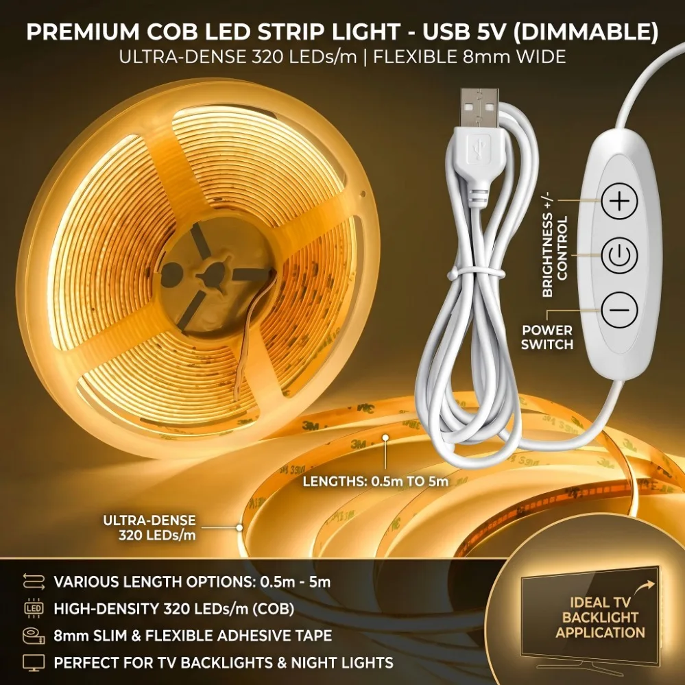 Dimmable USB COB LED Tape Light 320LEDs/m 8MM  PCB Self-Stick Ribbon Lamp For TV Cabinet Indoor Ambient Lighting 0.5M To 5M